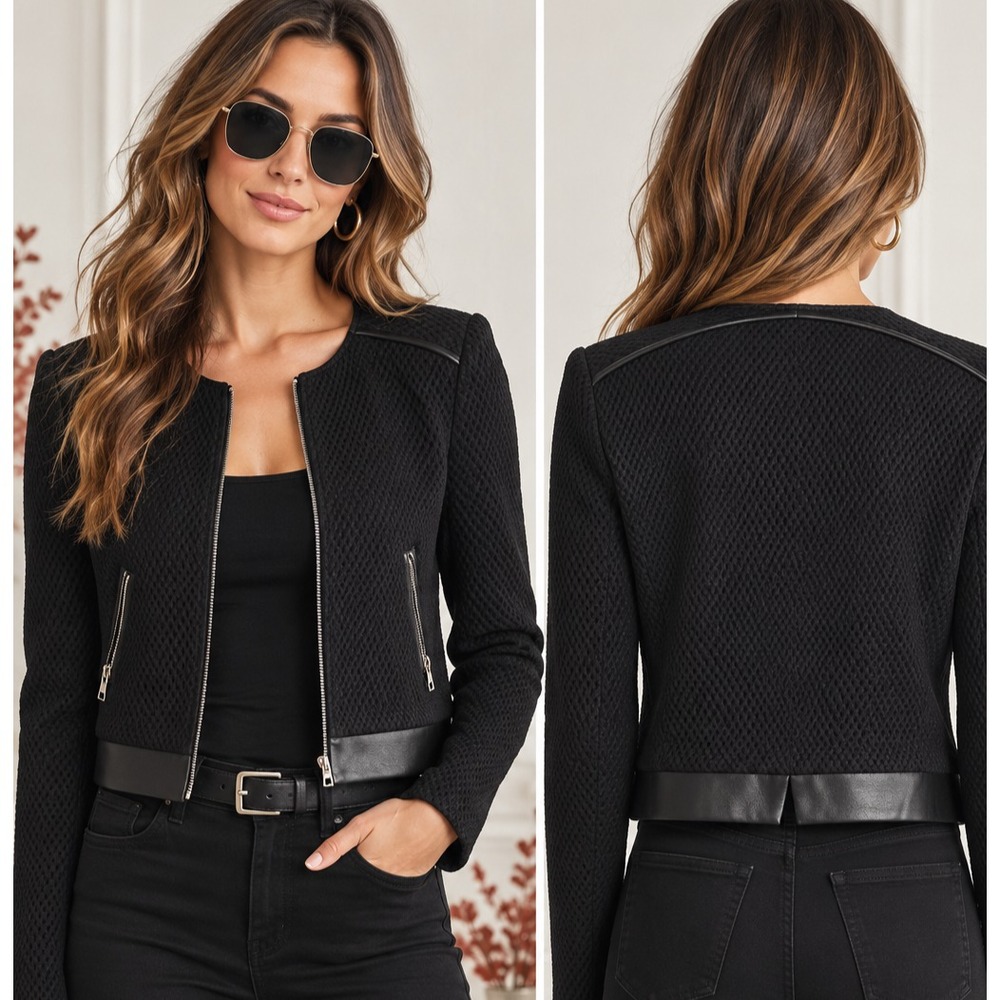 BCBG Max Azria Duke Jacket M Black Faux Leather Trim Moto Cropped Zip Knit Y2K